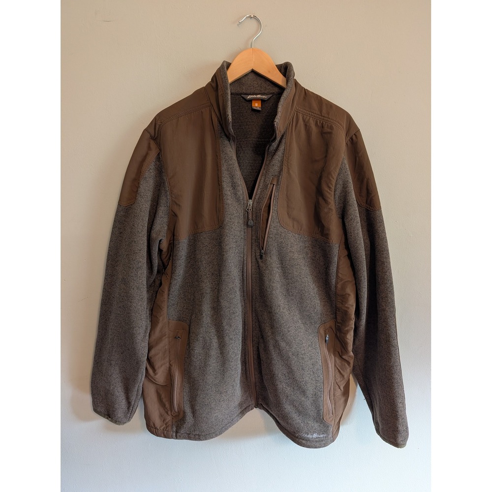 Eddie Bauer Sport Shop Mens TXL Brown Gray Full Zip Fleece Jacket Nylon Overlay